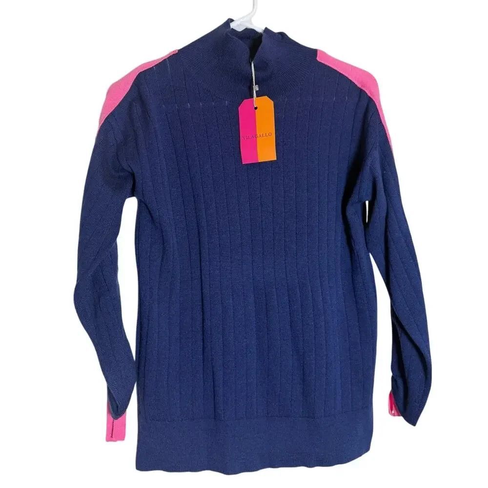 NWT Vilagallo Navy Wool Blend Mock Neck Ribbed Sweater Sz. S